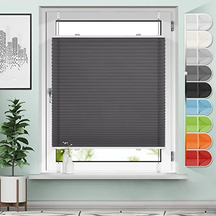 Sanfree Plissee Klemmfix Plisseerollo ohne Bohren Anthrazit B40 x H200cm inkl. Klemmträger Blickdicht und lichtdurchlässig Jalousie Faltrollo Sichtschutz und Sonnenschutz Rollo für Fenster & Tür