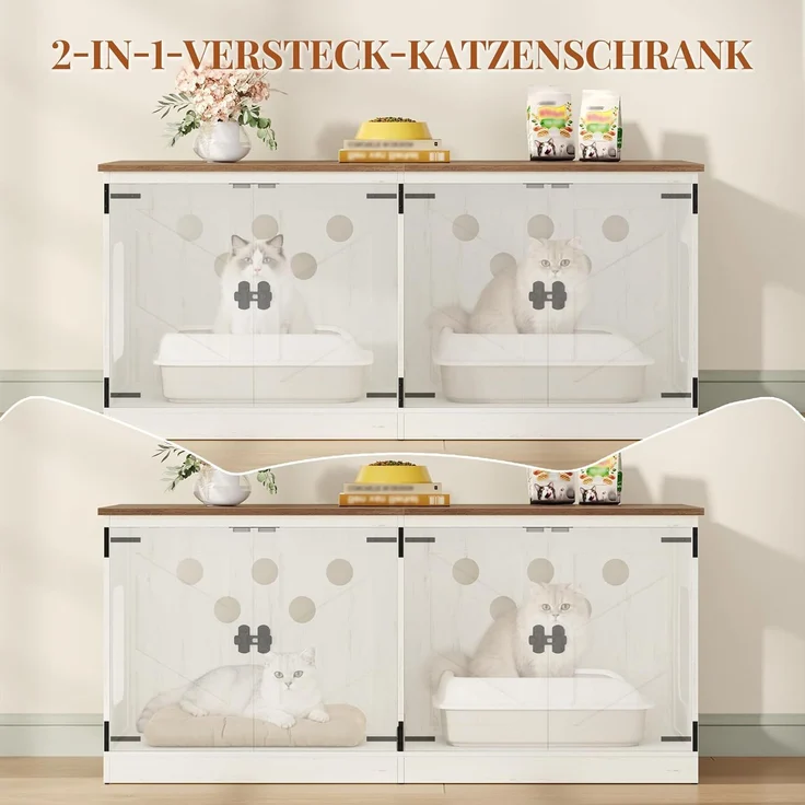 Katzenschrank für 2 Katzen, Bauernhausstil, für den Innenbereich, Holz/Stahl Vintagebraun-Weiß, 120 x 50 x 54 cm – Bild 4