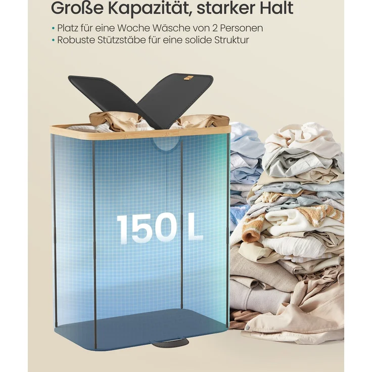 SONGMICS Wäschekorb 2 Fächer, Wäschesammler, 150 Liter, Wäschesortierer mit Deckel, Wäschetonne, Wäschesäcke herausnehmbar, für Waschküche, Schlafzimmer, Wohnzimmer, tintenschwarz-naturbeige – Bild 3