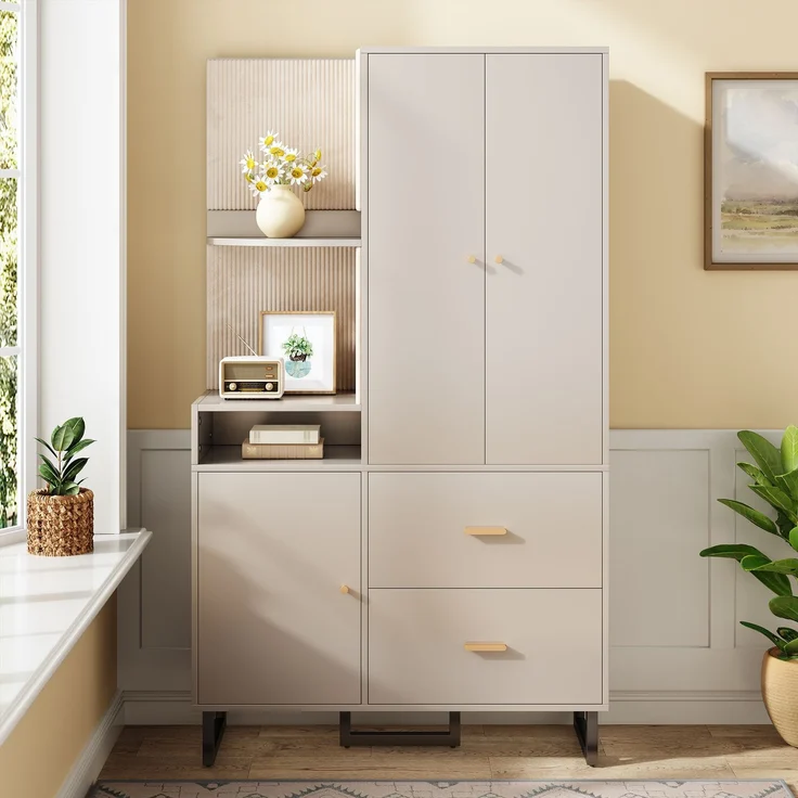 Kompaktgarderoben,Flurgarderobe,Dielenschrank Wandschrank Regal Diele & Flur Kleiderschrank mit gepolsterten Paneelen Schuhschrank, (BxHxT): 110x186x38 cm--Beige + Grau--110x38x186cm--YOUDENOVA – Bild 2