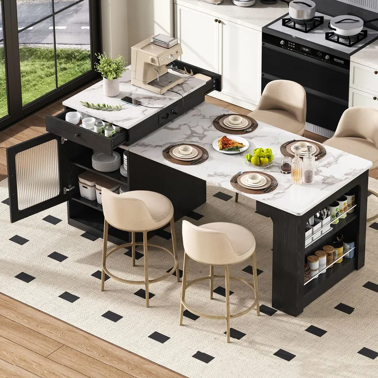 Merax Kücheninsel mit Rollen, Ausziehbarer Esstisch mit abnehmbarer Tischplatte, Bartisch mit Steckdosenleisten, dient als Kücheninsel, Anrichte, Sideboard oder Bartisch (Schwarz)