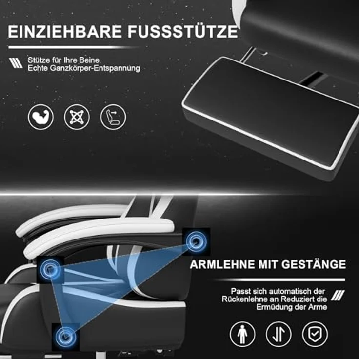 JUMMICO Gaming Stuhl, Bürostuhl Ergonomisch Mit Massagefunktion, Gamer Stuhl verstellbare Rückenlehne 90-135°,und fußstütze, Gamingstuhl 150 kg belastbarkeit, Weiß – Bild 7