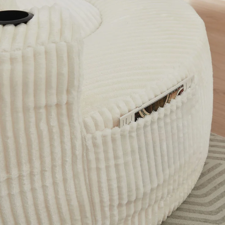 Rundes Loungesofa aus Cord, Einzelsitz Sitzsack Liegestuhl mit 3 Kissen, 2 Getränkehaltern, Seitenaufbewahrung, Rutschfest, Bequemes Relaxsofa für Wohnzimmer Schlafzimmer--Beige--146x29x32cm--YOUDENOVA – Bild 3