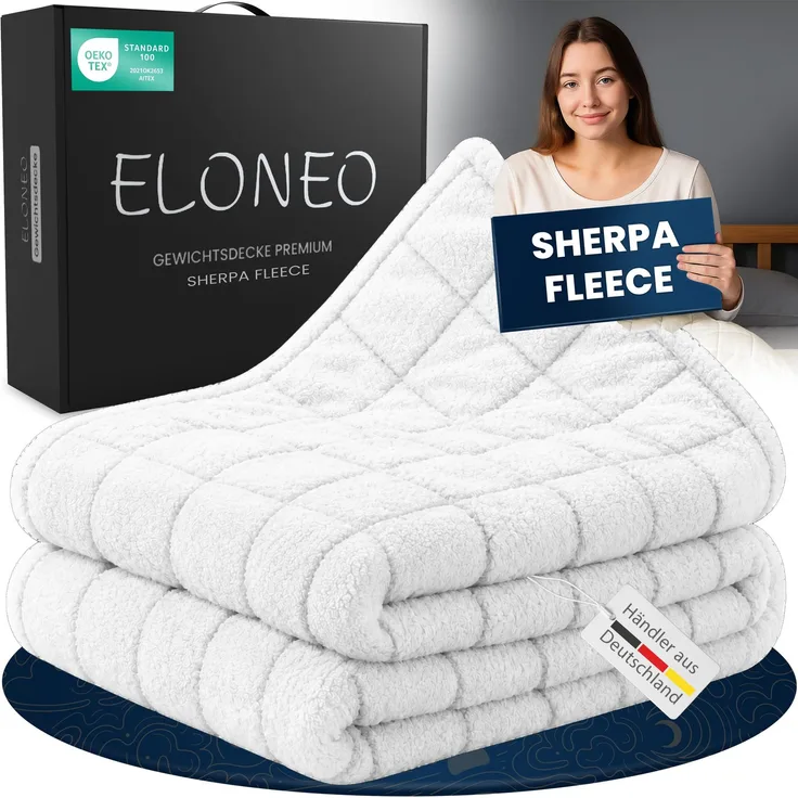 ELONEO Sherpa Fleece Gewichtsdecke 200x200cm 9kg, Oeko-Tex Zertifiziert, Entspannungsdecke & Anti-Stress Therapiedecke, schwere Decke zum Schlafen, weiß