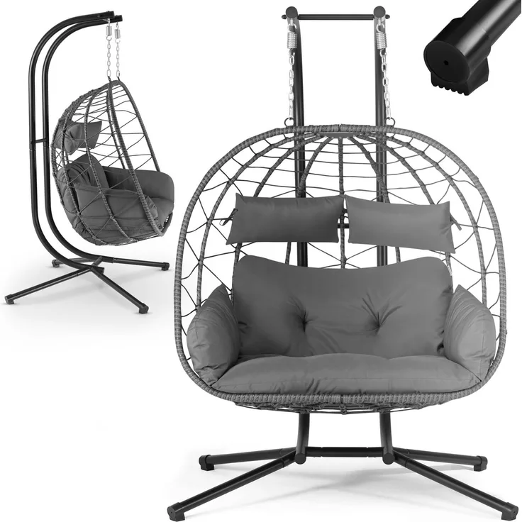 Juskys Doppelhängesessel Aria - Polyrattan Hängesessel mit Gestell & Kissen - Schaukel für zwei Personen - Outdoor Indoor Sessel - XXL Korb Grau