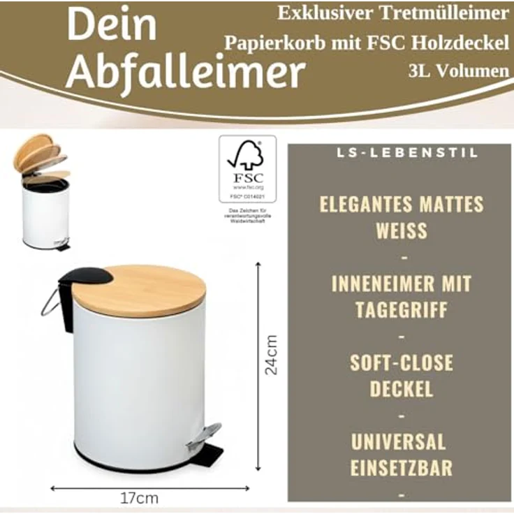 LS-LebenStil Kosmetikeimer Tretmülleimer 3L, Weiß Matt, Soft Close mit Bambus Deckel, Rund mit herausnehmbarem Inneneimer für Bad und Küche – Bild 2