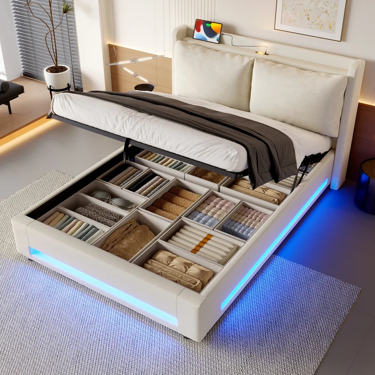 LVHOM Polsterbett 140x190cm mit LED&USB, Doppelbett mit Stauraum, Stauraumbett mit abnehmbaren Kissen, Bettgestell Massiv, Samtstoff, Beige – Bild 9