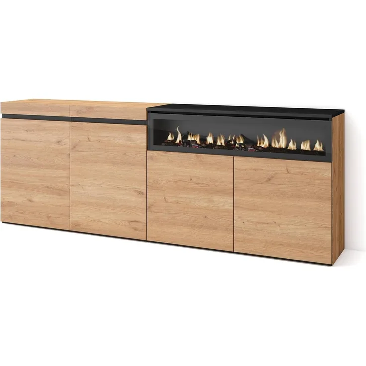 Skraut Home | Sideboard, Highboard | Kommode, Komodenschrank | 200 x 75 x 35 cm | 4 Türen | Elektrokamin. Maße | Moderner Stil | Eiche Schwarz