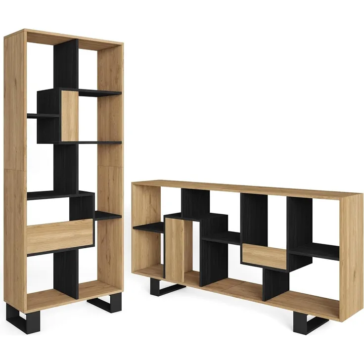 Skraut Home – Designregal – 168 x 69 x 25 cm – vertikal oder horizontal – Zick-Zack-Loft-Modell – einfache Montage – widerstandsfähig – dunkle Eiche und schwarzes Holz
