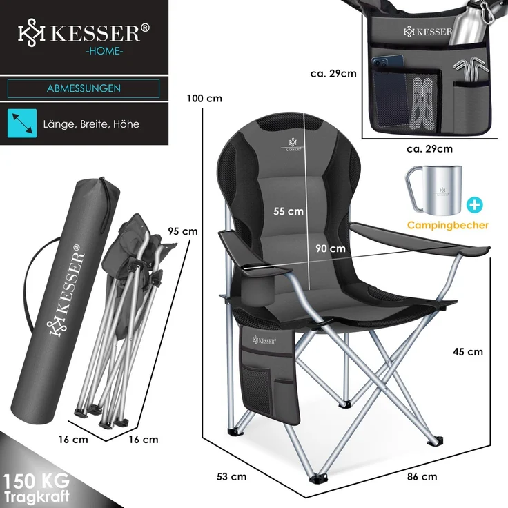 KESSER® Campingstuhl faltbar bis 150 kg Angelstuhl Faltstuhl Klappstuhl Gepolstert mit Armlehnen, Getränkehalter + Tasche mit hoher Rückenlehne, Strandstuhl, Klapphocker Anthrazit / Schwarz – Bild 8