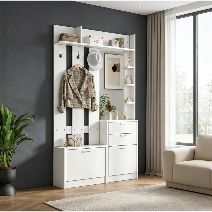 DESVIAE Garderobenschrank Weiß aus MDF – 110x185x34 cm – Spiegel, 2 Schuhschränke – Bild 3