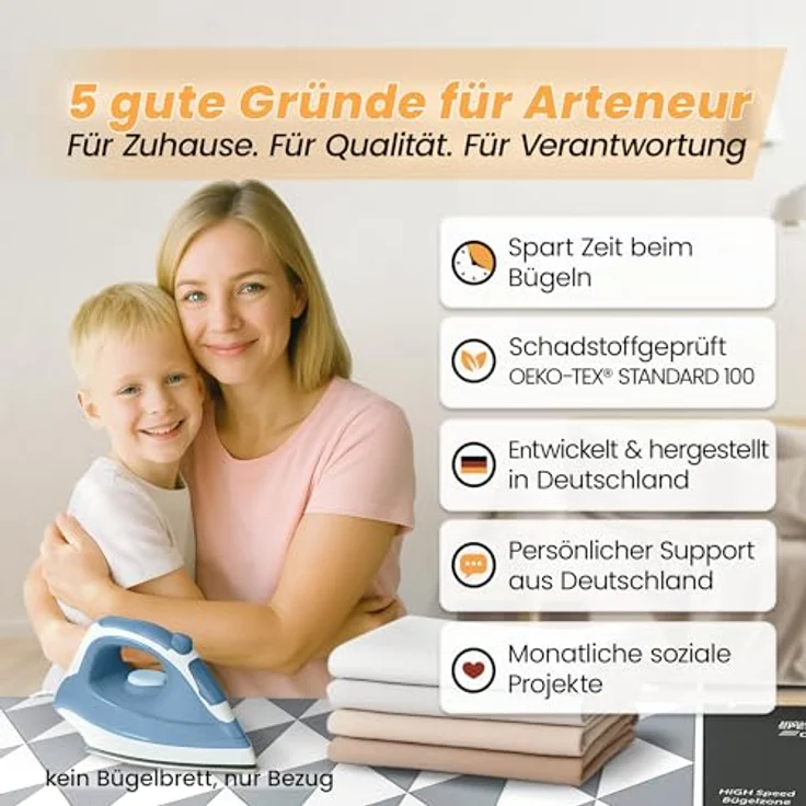 Arteneur Bügelbrettbezug, Made in Germany, OEKOTEX100, Zubehör für alle Bügeltische dank 5 Größen, Vergleichssieger, Hitzereflektierend, Gummizug – Bild 8