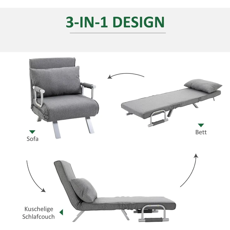 JARDJ Relaxsessel Liegesessel Sessel, Liegefunktion, Gästebett, 65 cm x 69 cm x 80 cm, Grau – Bild 7