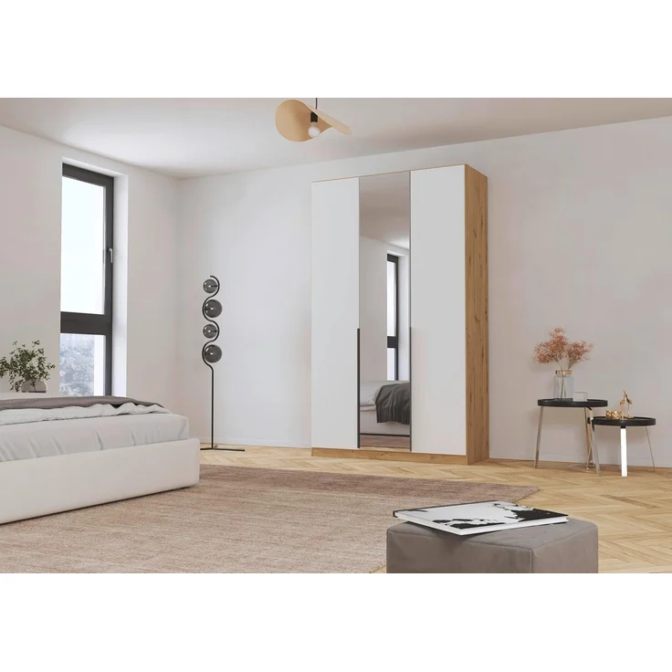 Rauch Möbel Alabama, Kleiderschrank, Garderobenschrank, 3-türig, Spiegel, Zubehör Basic, 2 Kleiderstangen, 4 Einlegeböden, Farbe Weiß/Eiche Artisan, Holz, Griff Grau metallic, 136 x 229 x 54 cm – Bild 2