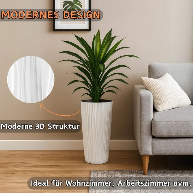 Engelland Blumentopf Pflanztopf mit herausnehmbarem Einsatz & Bewässerungssystem (1 St, robuster PP-Kunststoff), Wasserspeicher, Rillenoptik, hoch, rund, modern, UV-resistent – Bild 2