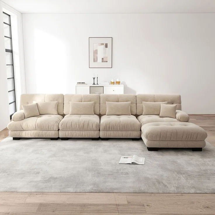 Ecksofa, Modulares L-förmiges Couch Set für Wohnzimmer 4-Sitzer komfortable Cloud Couches mit beweglichem Ottoman DIY-Kombination, Chenille, Hellbraun
