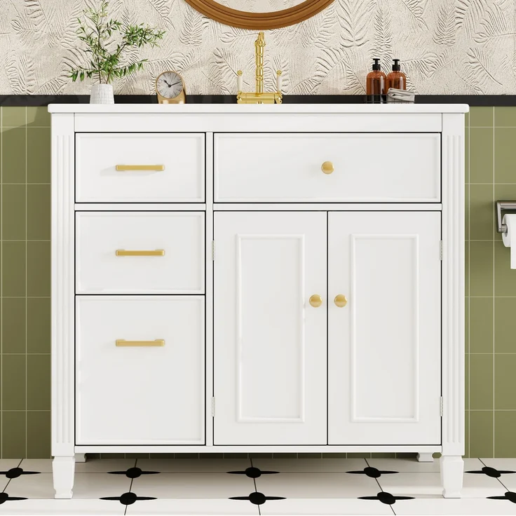 Freistehender Waschtisch 91 x 46,5 x 87 cm mit Keramikbecken und Schubladen – Weiß – Bild 3