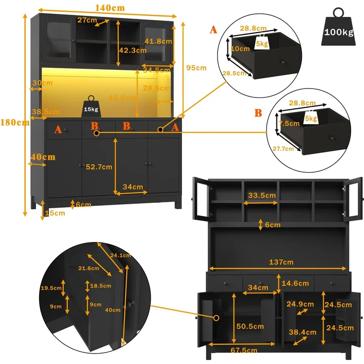 Hochbuffetschrank 140*38.5*180cm mit App-gesteuerter RGB-LED, Glastüren & 4 Schubladen, verstellbare Einlegeböden, belastbar bis 100kg, Schwarz--Schwarz--140x38.5x180cm--YOUDENOVA – Bild 10