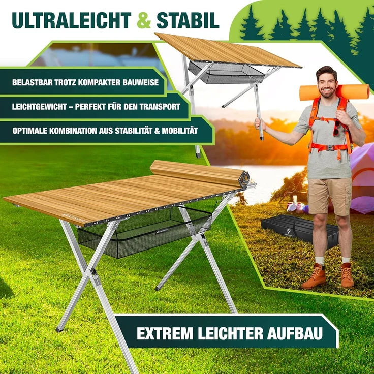 KESSER® Campingtisch faltbar Klapptisch mit Aluminiumrahmen Aufrollbare Tischplatte Falttisch klappbar inkl. Tragetasche mit Trageband & Netztasche, Holz-Optik 145 cm, Braun / Silber – Bild 6