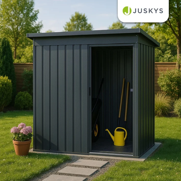 Juskys Metall Geräteschuppen S – Dunkelgrau, wetterfest mit Fundamentrahmen, Schiebetür & abschließbar - für Garten & Aufbewahrung – Bild 7