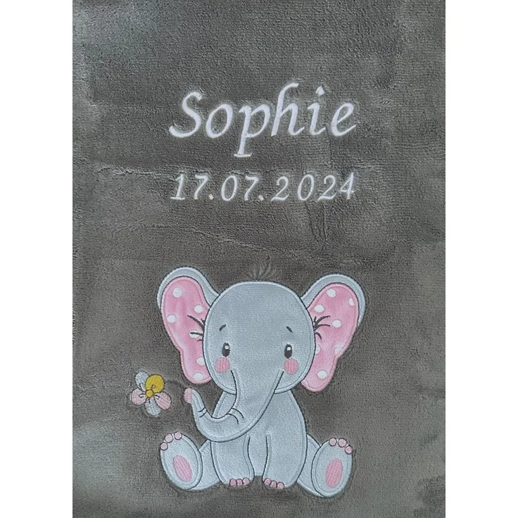 KIDDI-MEDIA Babydecke mit Name und Geburtsdatum Bestickt/kuschelig weich / 1A Qualität (Anthrazit - Elefant)