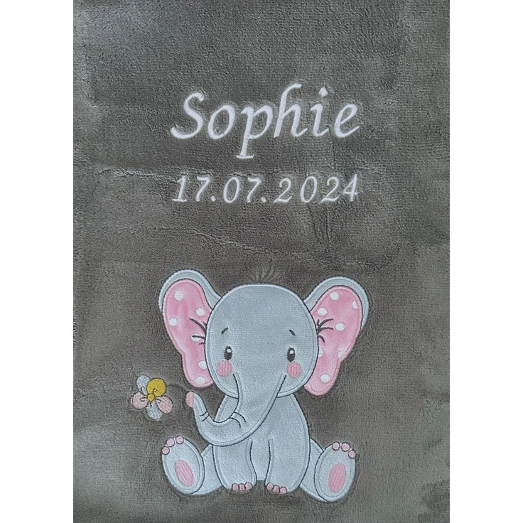 KIDDI-MEDIA Babydecke mit Name und Geburtsdatum Bestickt/kuschelig weich / 1A Qualität (Anthrazit - Elefant) – Bild 1