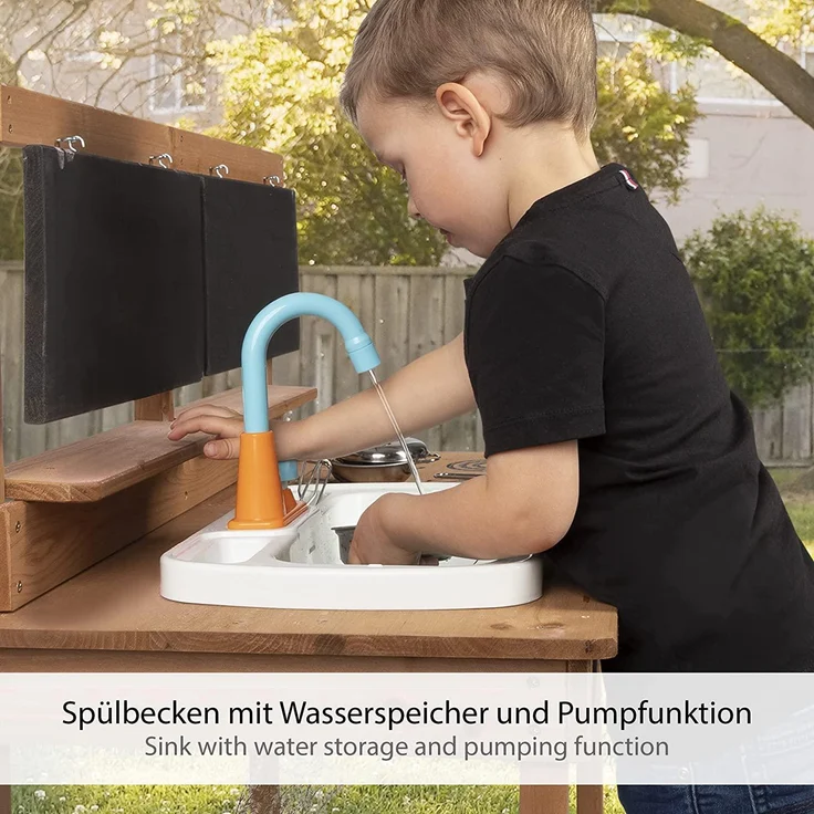 ONVAYA® Matschküche Braun Spielzeug-Gartenset »Matschküche aus Holz, Outdoor Spielküche mit Waschbecken und schwarzer Tafel, Inklusive Stauraum in der Kinderküche für Draußen – Bild 5