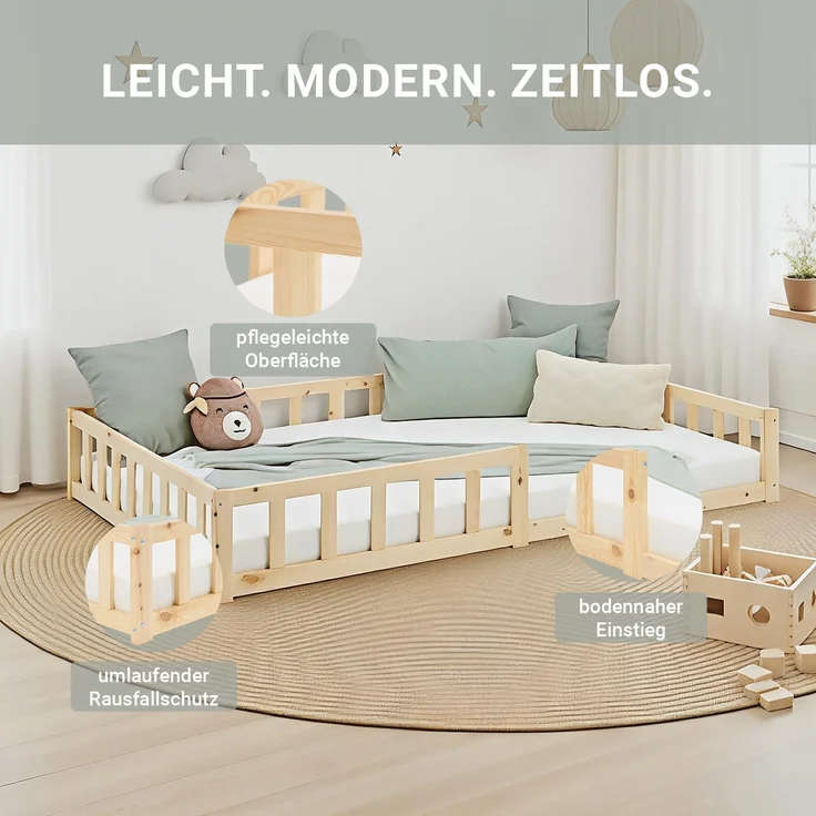Kinderbett 120x200 Bodenbett mit Rausfallschutz Montessori Bett Kleinkindbett Holz Kiefer Natur Massiv Einzelbett Lattenrost Bettgestell – Bild 10