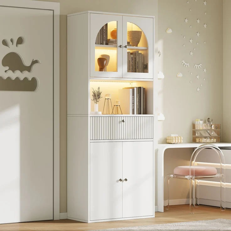 ZUBALIYA LED Glasvitrine, Bücherschrank, Büroschrank mit RGB LED Lichtleisten, Figurenvitrine, Stauraumschrank, Büromöbel, mit Schubladen, Sammlervitrine, Hochschrank, LED Beleuchtung, Weiß, 70 x 35 x 180 cm – Bild 4