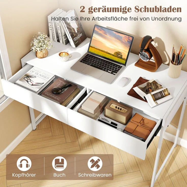 Computertisch mit 2 Schubladen Kompakter Schreibtisch mit Strapazierfähigem Metallrahmen Weiß SH1404 – Bild 3
