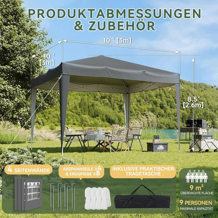 Aoxun Pop Up Pavillon 3x3 Wasserdicht mit 4 Seitenwänden, Metallrahmen-Schutzzelt, Höhe Verstellbar, 3mx3m Faltpavillon mit Tragetasche für Camping Party, Grau – Bild 2