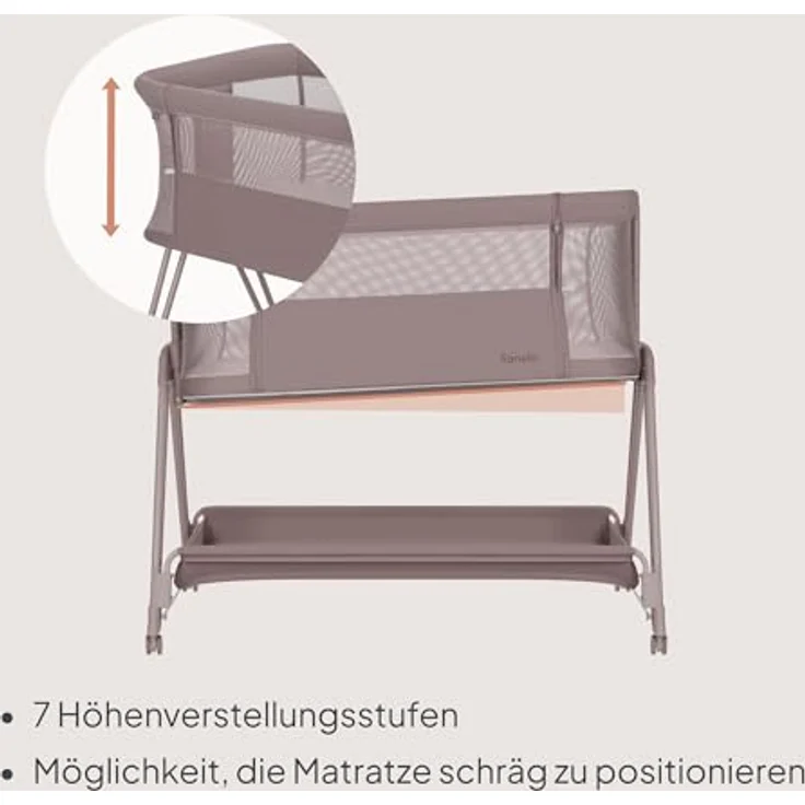 Lionelo Luna EIN tragbares Beistellbett mit Einer Matratze, reisebett, von Neugeboren bis 9 kg, in der Höhe und der Neigung verstellbar, 4 Rädern mit Bremse, Befestigung zum Elternbett – Bild 11