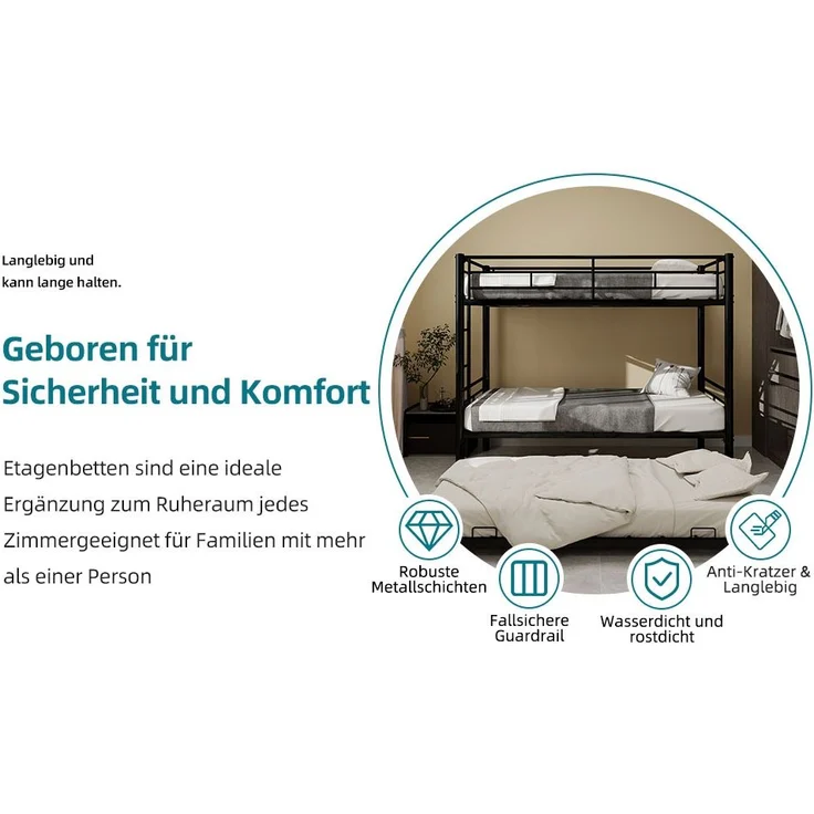 Etagenbett, Twin over Twin, hochbelastbar, stabiles Metall, geräuscharm, Sicherheitsgeländer, kein Boxspring erforderlich, Metall – Bild 6