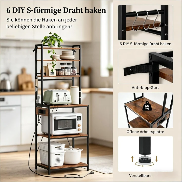 Coffee Bar Station,Küchenregal mit Steckdosen,Küchenkomode,Mini Küche Arbeitsstation,Display-Regal--Rustikales Braun--40x60x167cm--YOUDENOVA – Bild 3