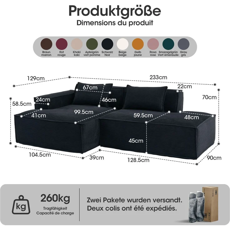 LVHOM Ecksofa 2 Sitzer, Modulares Sofa 235 cm breit, L-Form Sofa mit 2 Kissen, Schlafsofa aus Cordstoff, kein Aufbau erforderlich, Schwarz – Bild 6