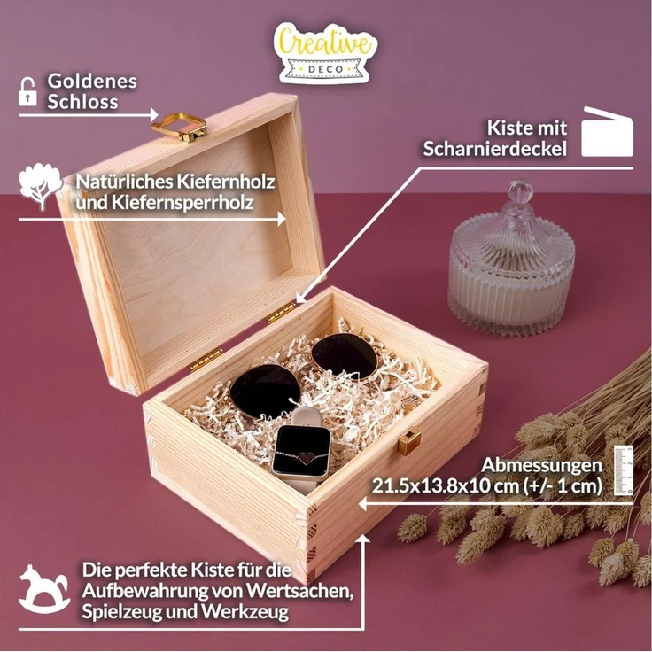 Creative Deco Holzkiste mit Deckel und Schloss Kleine Holzbox Geschenkbox Schatzkiste, Holzschachtel Geschenkbox Schatzkiste, Für Geschenk, Hochzeit, Schmuck – Bild 3