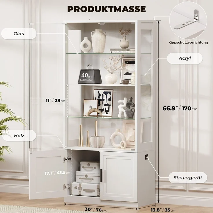 Glasvitrine 76x35x170 cm, 4-stöckige Vitrine mit Glastüren und verstellbaren Glasböden, LED-Beleuchtung und Sensor, Weiß – Bild 4