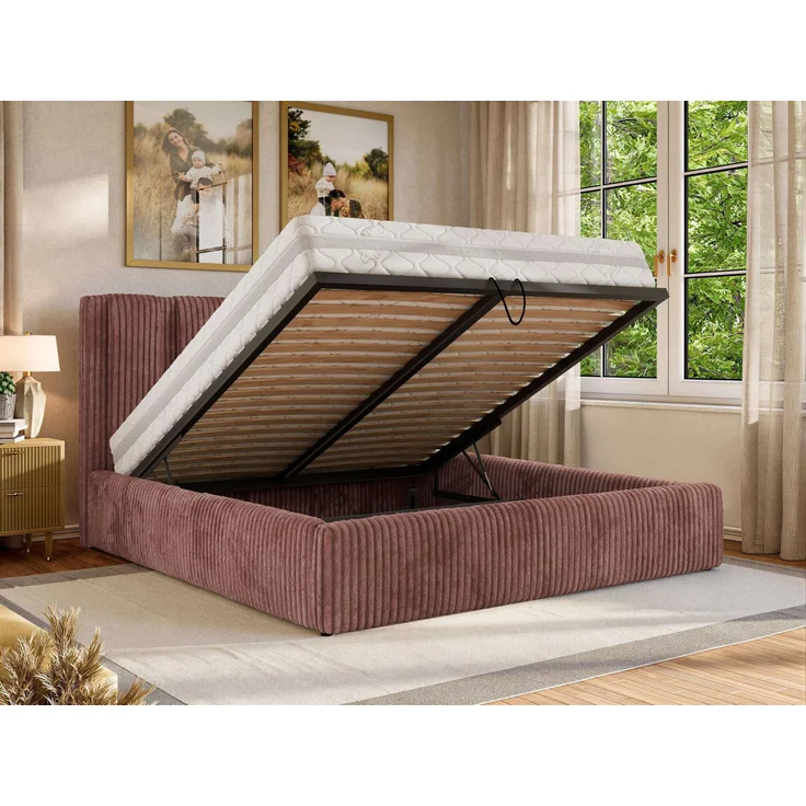 Polsterbett SAVINO CLASSIC mit Bettkasten und Lattenrost Doppelbett 160 x 200 cm mit hohem Kopfteil Stauraumbett Bett mit Gasdruckfeder - Rosa Cord - Multipocket Matratze - ELORI LUX – Bild 4
