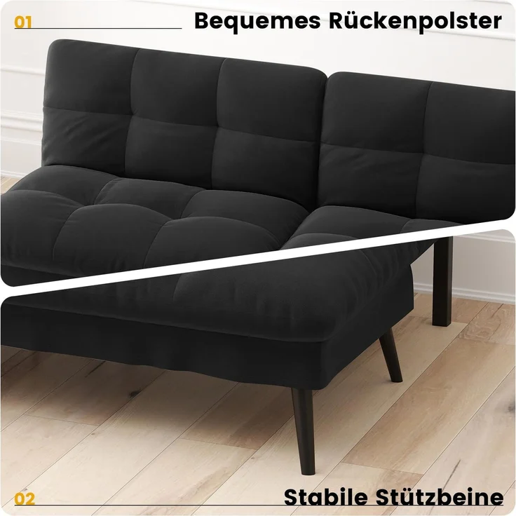 COMHOMA Sofa Schlafsofa mit Schlaffunktion, überzug Futon Klappsofa, Bettcouch, ecksofa, Couch Gästebett, 3-Sitzer Sofa, mit verstellbare Rückenlehne aus Stoff Schwarz – Bild 6