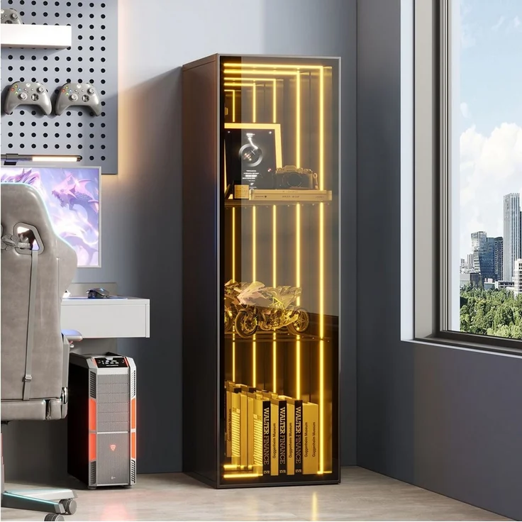 Merax Glasvitrine mit LED Beleuchtung, Aufbewahrungsschrank (1-St, mit Aluminiumrahmen und 5 Ebenen) Hochschrank Vitrinen, H 160 cm – Bild 3