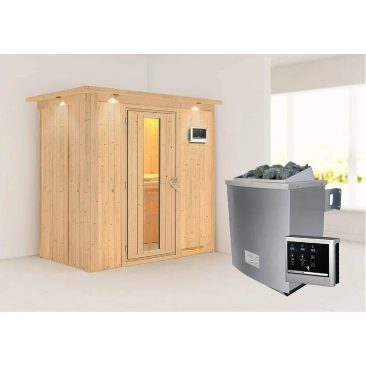 Karibu Sauna Variado mit Dachkranz + 9kW Saunaofen mit ext. Steuerung Easy Bronzierte Ganzglastür – Bild 2