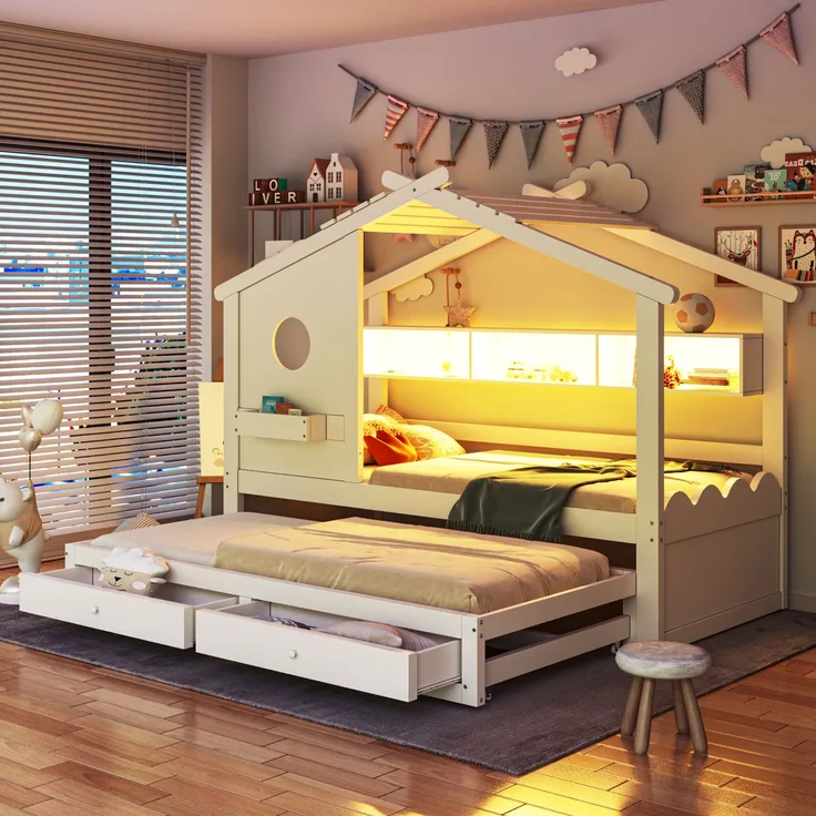 Merax Kinderbett, Jugendbett, 90x200cm, mit Ausziehbett 90x190cm, mit 2 Schubladen, mit USB- und Typ-C-Ladeanschlüssen und LED, mit Einlegeböden, Weiß