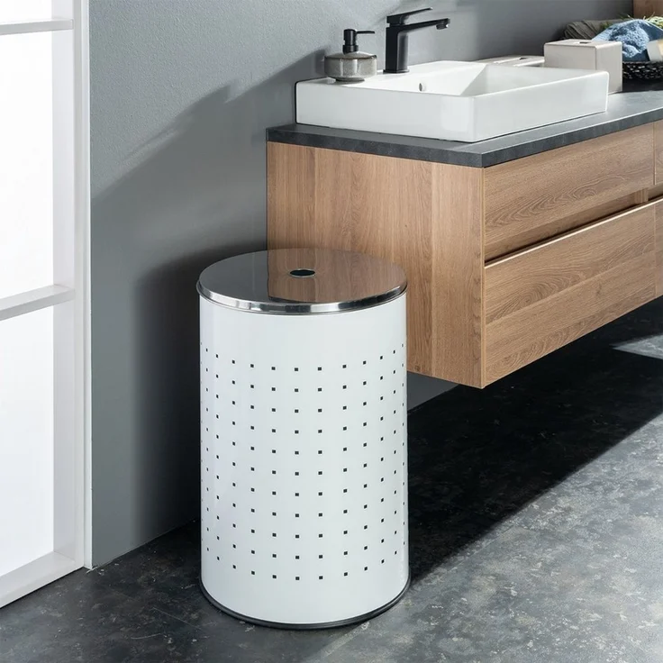 Home4You Wäschetonne Weiß, Edelstahl, 54 Liter Fassungsvermögen, H 57 cm, Ø 35 cm, mit Deckel und Belüftungslöchern – Bild 2