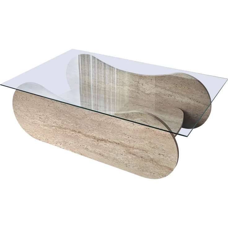 Modern Coffee Table, 105 cm Width, 35 cm Height, 65 cm Depth | 100% Tempered Glass & Melamine Coated Frame | Elegant Travertine & Transparent Design – Bild 7