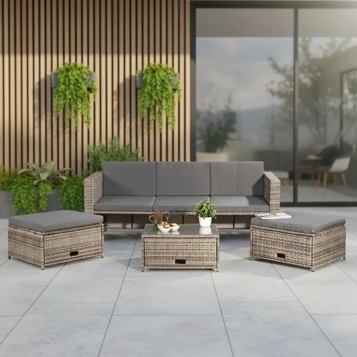 Polyrattan Sitzmöbel Set Sofa Tisch 2 Hocker grau Lounge Gartenset Rattanmöbel