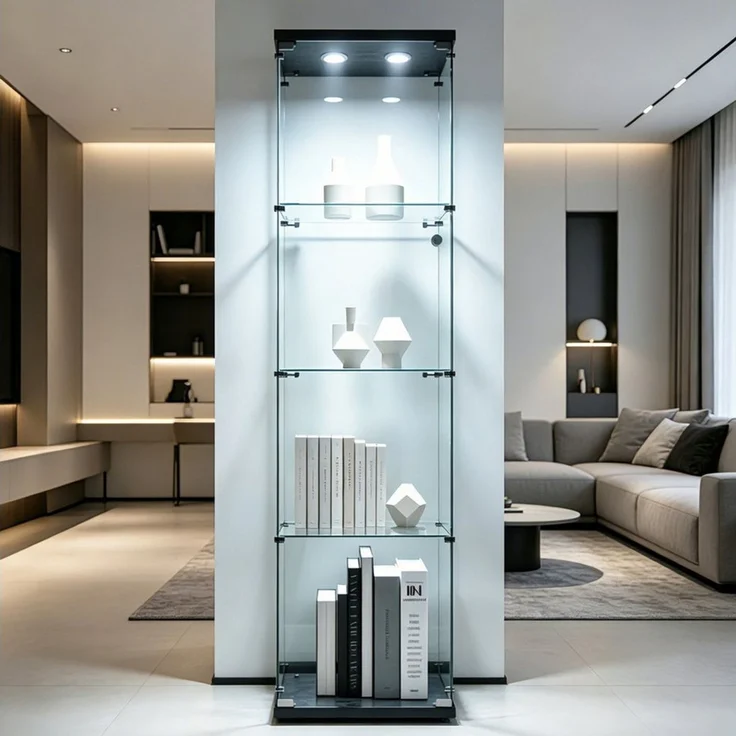 Simurq Glasvitrine mit LED Beleuchtung Standvitrine mit Glastür,Eckvitrine Glas (1-2 Packungen, Vitrinenschrank mit 1 türen,Schloss) Glas vitrine aus Gehärtetes Glas,Sammlervitrine Stehend – Bild 1