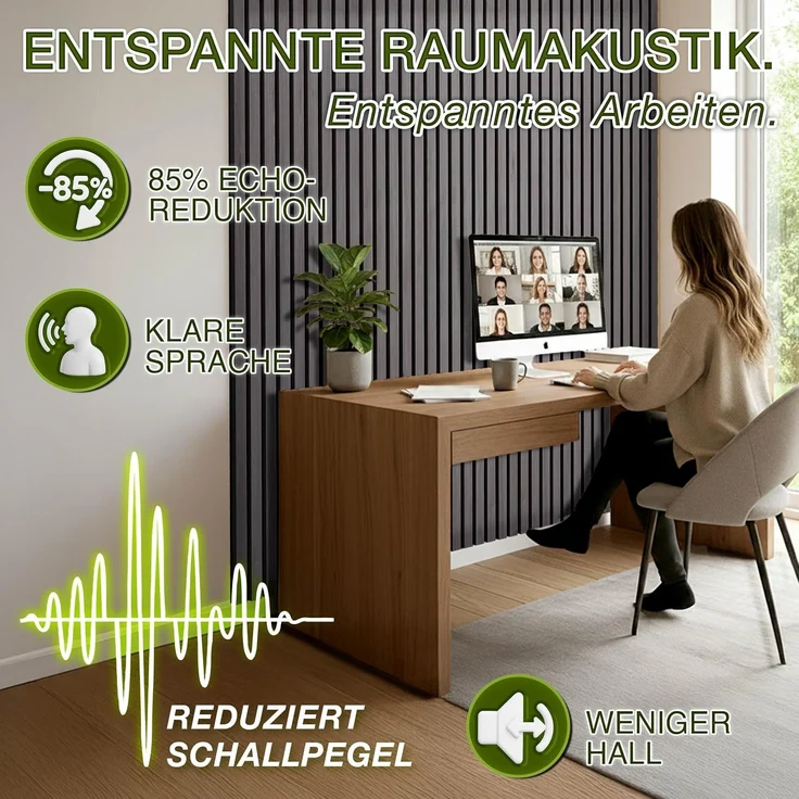 TRESKO® 2 Stück Akustikpaneele Holz 120×60 cm inkl. 4x Kleiderhaken | Wandverkleidung Eiche Anthrazit als 3D Lamellenwand | Holzpaneele Paneele für Schallschutz | Akustik Wandpaneele mit Montageset – Bild 3