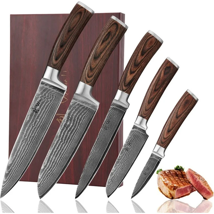 Wakoli Messer-Set Edib 5er Damastmesserset I Kochmesser Küchenmesser I 8 - 20cm Klingen (Damastmesser mit Geschenkbox, 5-tlg, 5er Damastmesser-Set mit Holzbox), 67 Lagen Damaststahl, VG-10 Stahlkern – Bild 5