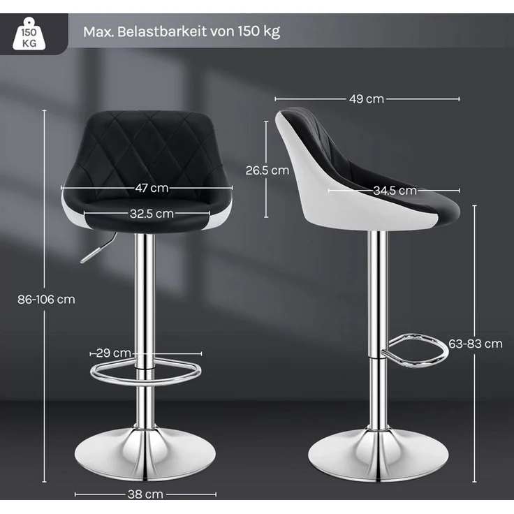 WOLTU BH30sz-2 Design 2 farbig Barhocker mit Griff , 2er Set , stufenlose Höhenverstellung , verchromter Stahl , Antirutschgummi , pflegeleichter Kunstleder , gut gepolsterte Sitzfläche , schwarz+weiss – Bild 3