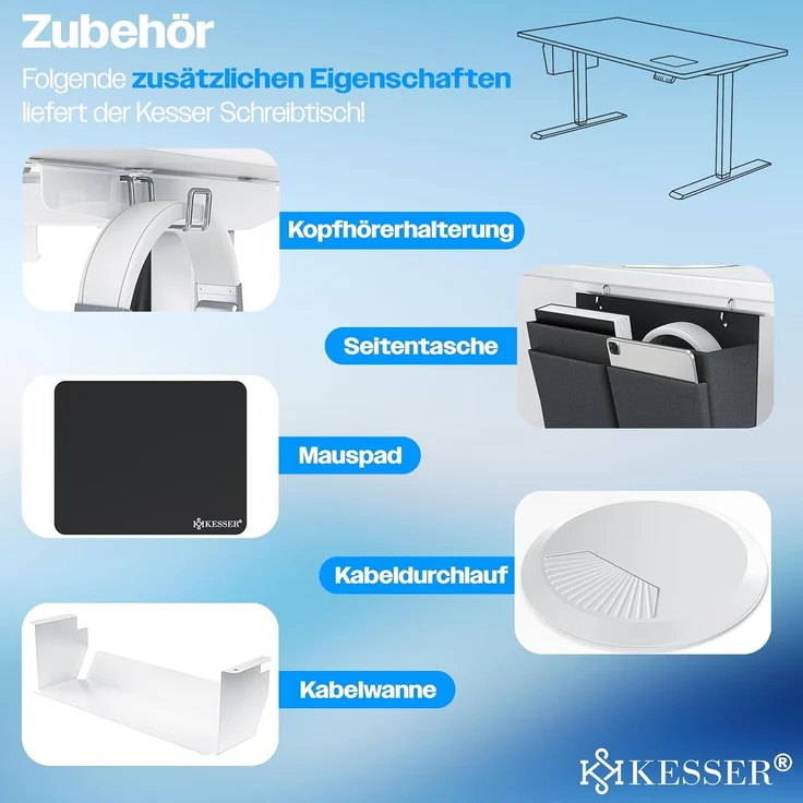 KESSER® Höhenverstellbarer Schreibtisch elektrisch, Ergonomisch Steh-Sitz Schreibtisch, 3-Funktions-Memory Steuerung, Inkl. 360° Rollen & USB-Ladeanschluss, Computertisch für Homeoffice, Weiß, 100 x 60 cm – Bild 4